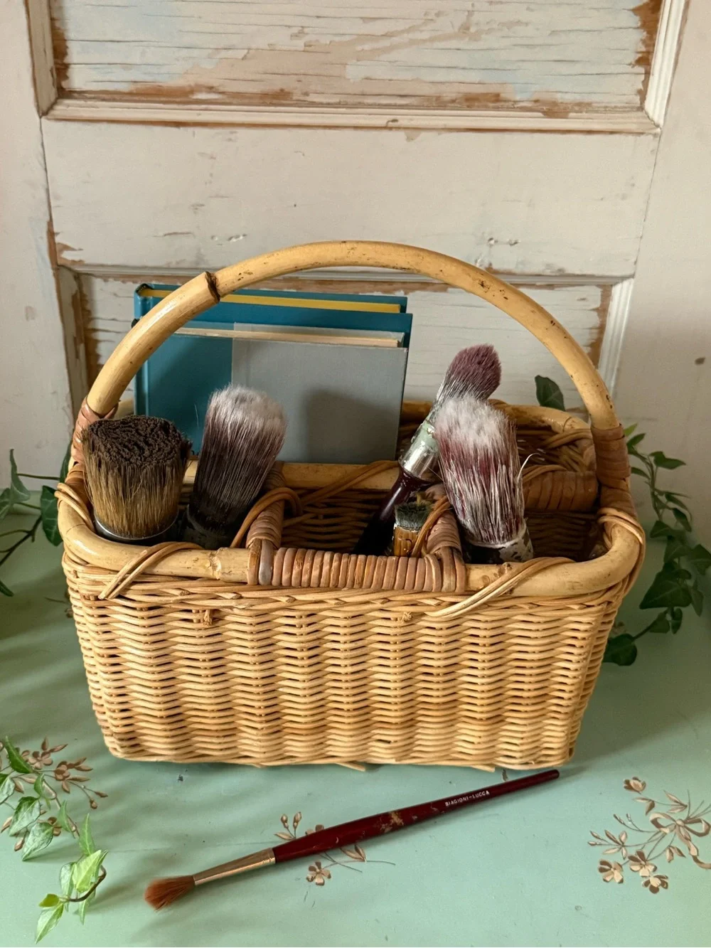 Vintage Wicker Cutlery Basket, Organizer, Rattan, Handmade